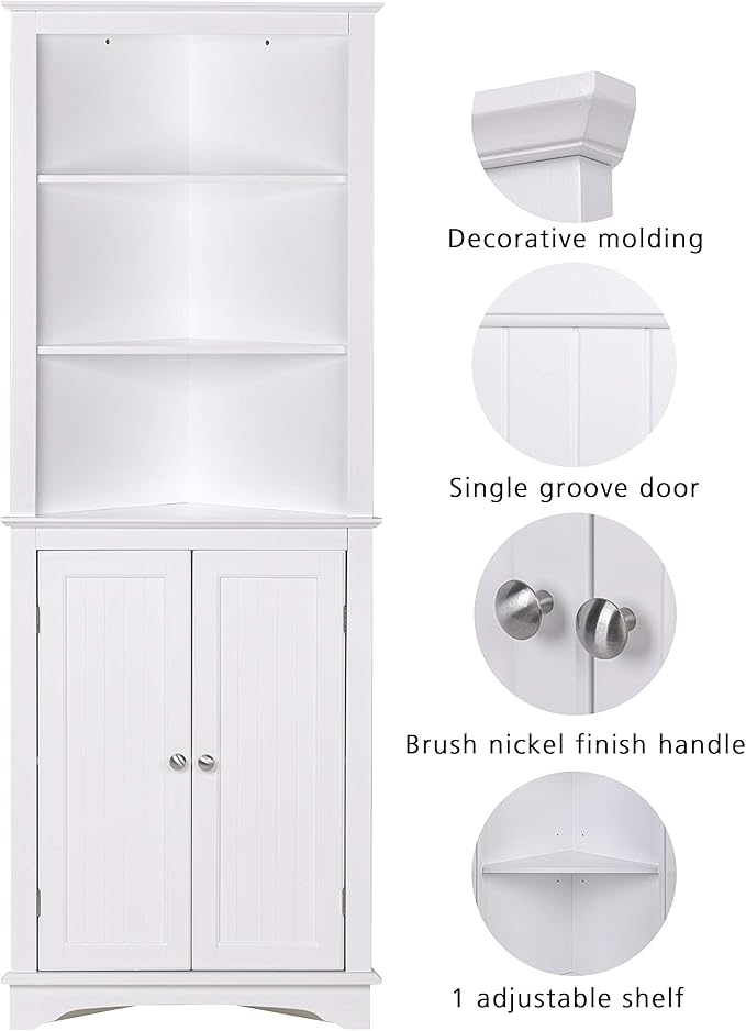 Spirich Tall Corner Cabinet with Doors and Shelves, Freestanding Corner Storage Cabinet for Bathroom, Kitchen, Living Room, White