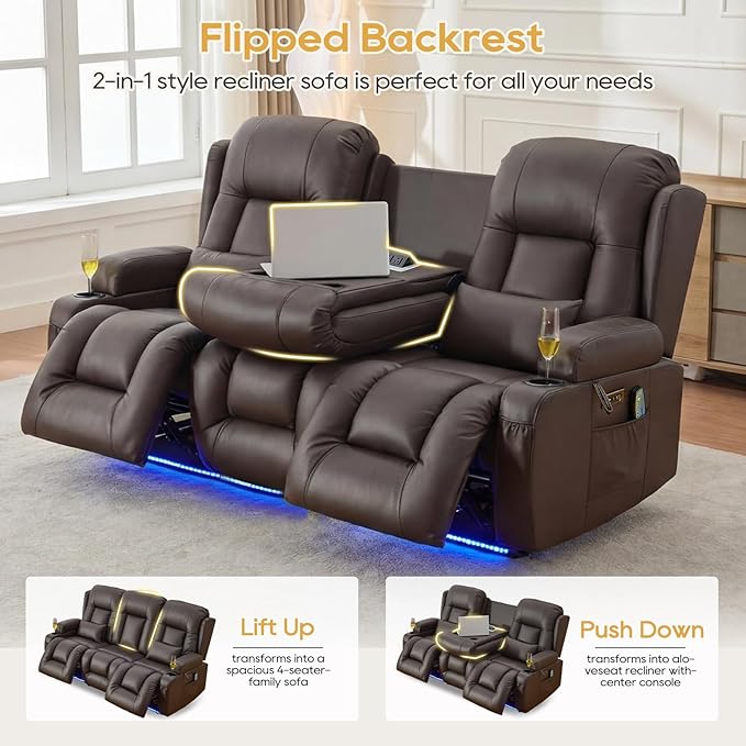 IPKIG Power Recliner Sofa with Flip-Up Backrest Console, USB & USB-C Ports, AC Outlet, LED Lights, Wall Hugger Recliners for Living Room, RV (Brown, 76.8" - 3 Seat) | Faux Leather, Zero Gravity, Dual Reclining, 2 Lumabr Pillow