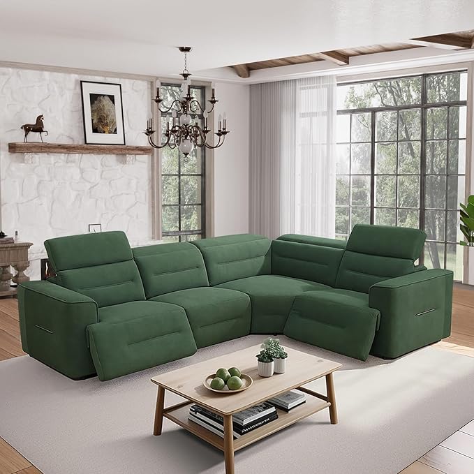 Power Recliner Sectional Sofa, L-Shaped Living Room Furniture Set, Green Flannel Sectional Sofa, Reclining Sectional Couch for Living Room/House/Apt (Green, 4 Seater)