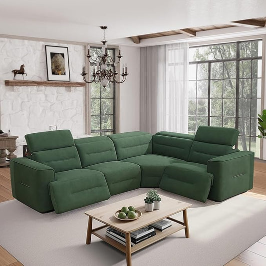 Power Recliner Sectional Sofa, L-Shaped Living Room Furniture Set, Green Flannel Sectional Sofa, Reclining Sectional Couch for Living Room/House/Apt (Green, 4 Seater)