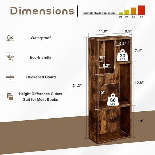 VECELO 3-Tier 4-Cube Bookshelf with Height Difference Shelves, 66 LBS Per Shelf Heavy Duty Bookcase, Modern Floor Standing Storage Unit for Living Room Bedroom, Rustic Brown