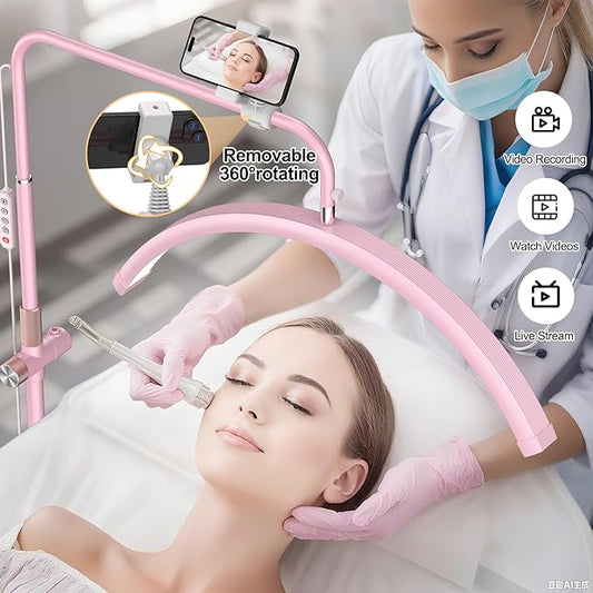 AURELLE Half Moon Lash Light - Adjustable LED Floor Lash Lamp with 4X Magnifier & Phone Holder for Eyelash Extensions,Nail Art,Tattoo,Skincare,Salon SPA-Dimmable Brightness,Rotating Head, Pink