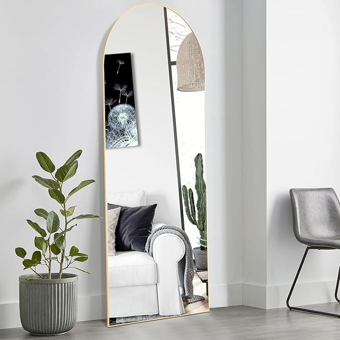OLIXIS Arched Full Length Mirror 59"x16.3" for Bedroom, Full Body Mirror with Stand, Hanging or Leaning for Wall, Aluminum Alloy Thin Frame Floor Standing for Living Room, Long, Gold