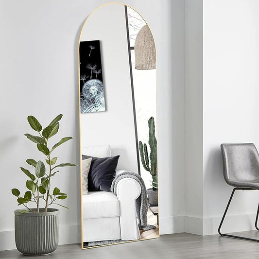 OLIXIS Arched Full Length Mirror 59"x16.3" for Bedroom, Full Body Mirror with Stand, Hanging or Leaning for Wall, Aluminum Alloy Thin Frame Floor Standing for Living Room, Long, Gold