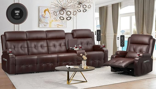 Recliner Sofa, 4 Seater Massage Reclining Loveseat Sofa Sets, 1 Single Power Recliner Chairs Heat & Massage, Heavy Weight Capacity, RV Clearance Love Seat Couch with Console, USB, Type C Port