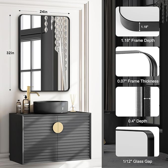 Bathroom Mirrors for Over Sink,1Pcs 24x32Inch Vanity Mirrors for Wall,Black Metal Frame Rectangle Mirrors for Bathroom Farmhouse Restroom,Hangs Horizontally or Vertically