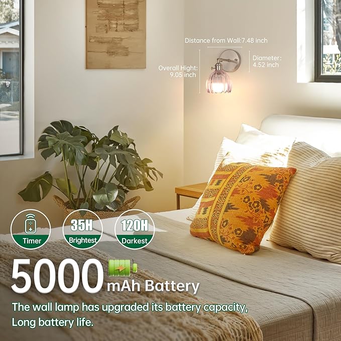 Vintage Wall Sconce Set of 2 - Rechargeable Battery Powered with Remote Control, Translucent Purple Tulip Glass Shade (5000mAh) for Bedroom/Doorway