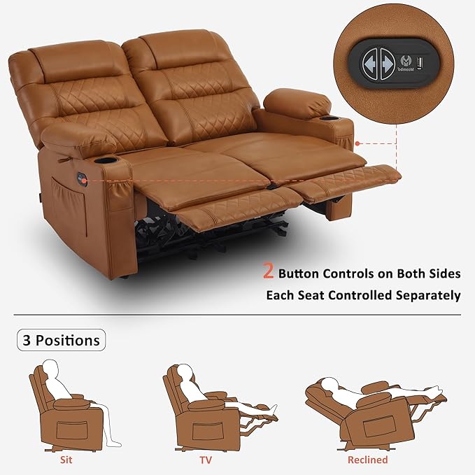 MCombo 56.3" Zero Gravity Power Loveseat Recliner with Heat and Vibration Massage, Reclining Loveseat Sofa with USB Ports, Cup Holders for Living Room, Faux Leather PR622Sets (Saddle)