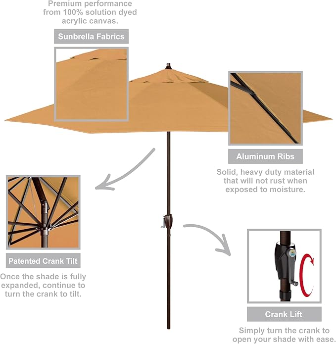 California Umbrella 12-Year Protection 9-Ft Outdoor Patio Umbrella, Sunbrella Fade-Resistant Acrylic Fabric, Auto Tilt and Crank, Heavy-Duty Aluminum Frame/ Reinforced Ribs, Bronze Pole, Wheat