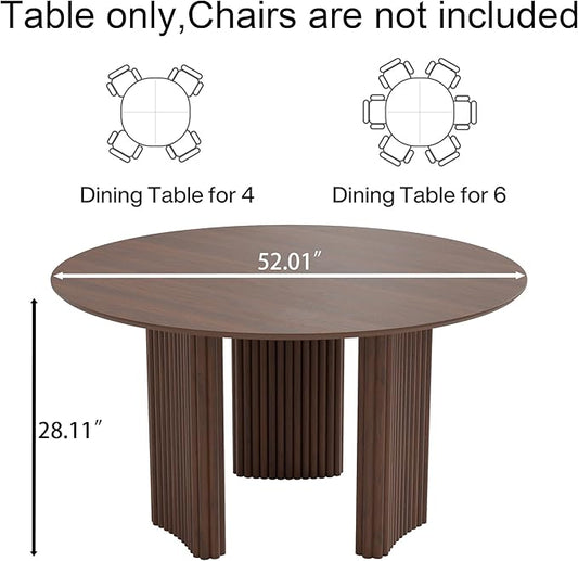 Casaphoria 52" Round Dining Table for 4-6, Farmhouse Style Table with Stripes Base, Easy Assembly for Living Room, Kitchen, Bar, Walnut