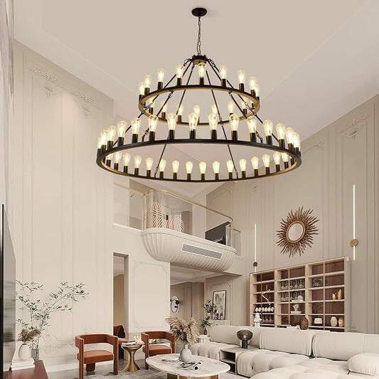 Wagon Wheel Chandelier 2 Tier 54-Light 60-inch, Farmhouse Industrial Chandelier Black Rustic Pendant Light Fixture Extra Large for High Ceilings, Living Room Foyer