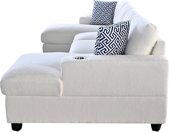 Ball & Cast 124" U-Shaped Sectional Sofa Couch for Living Room with Double Chaise,Cup Holders & Pillows,4 Seat Sherpa Upholstered Modern Modular Sectional Sofa Couches Set,for Home,Office,Beige