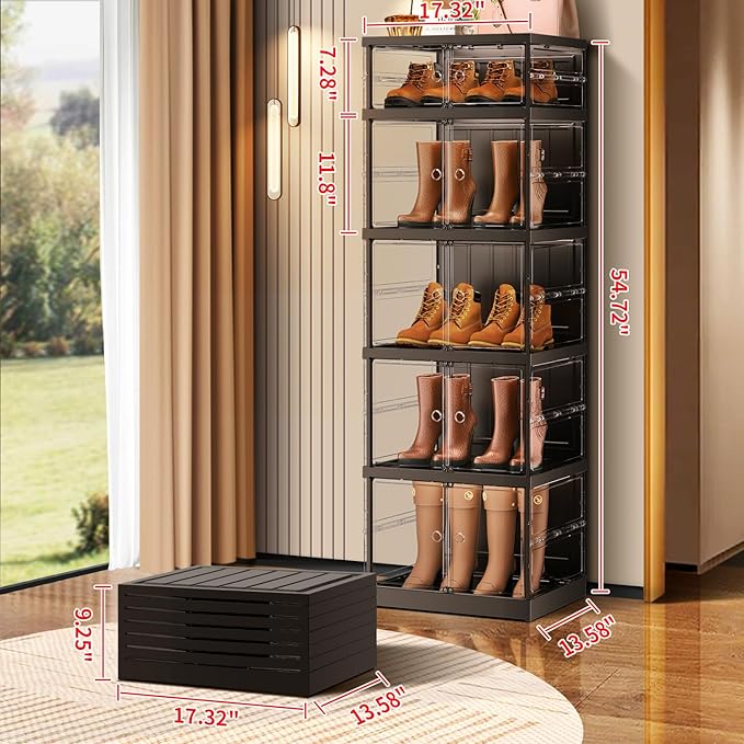 5-Tier Foldable Shoe Rack for Closet Entryway 5-10Pairs,Stackable Clear Shoe Storage Boxes Organizer with Door Plastic Shoe Cabinet Bins with Lids Shoes Shelf Easy Assembly Large Black