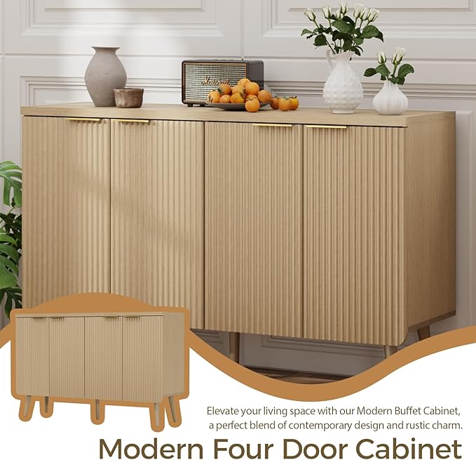 47.2" Modern Fluted Wood Sideboard – 4-Door Buffet Cabinet with Adjustable Shelves, Multi-Space Storage Credenza for Living Room, Dining Room & Entryway, Natual Oak