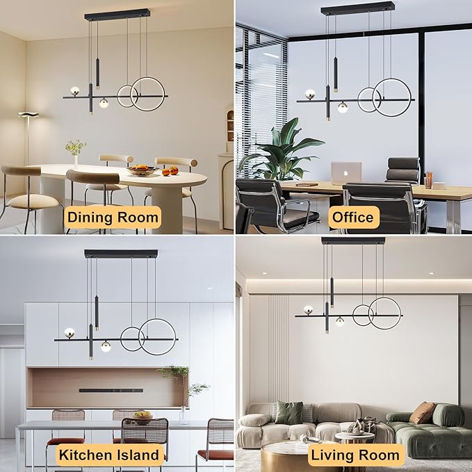 Modern LED Pendant Lights, Dimmable 39in Linear Wave LED Chandelier Lighting, Black & Gold Dining Room Hanging Light Fixtures Kitchen Island Globe Pendant Light for Dining Table (2704lm)
