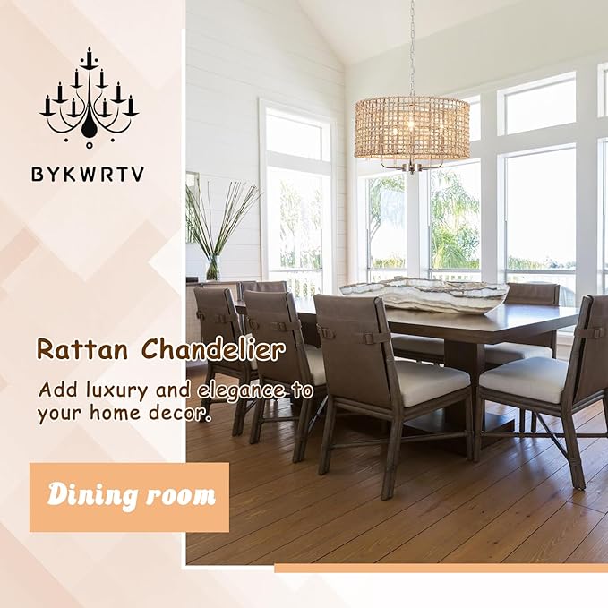 18.9'' Hand Woven Rattan Chandelier, 5-Light Brushed Nickel Chandelier Rattan Pendant Light Fixture, Wicker Farmhouse Chandeliers for Dining Room Bedroom Living Room Foyer