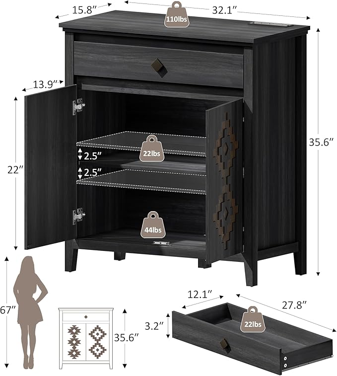 32'' Buffet Cabinet with Storage, Sideboard Cabinet with Drawer and Adjustable Shelf, Modern Accent Storage for Kitchen, Living Room, Entryway, Black