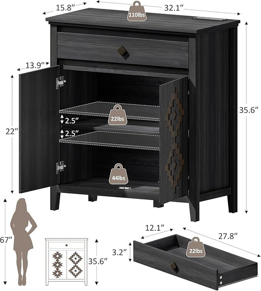 32'' Buffet Cabinet with Storage, Sideboard Cabinet with Drawer and Adjustable Shelf, Modern Accent Storage for Kitchen, Living Room, Entryway, Black