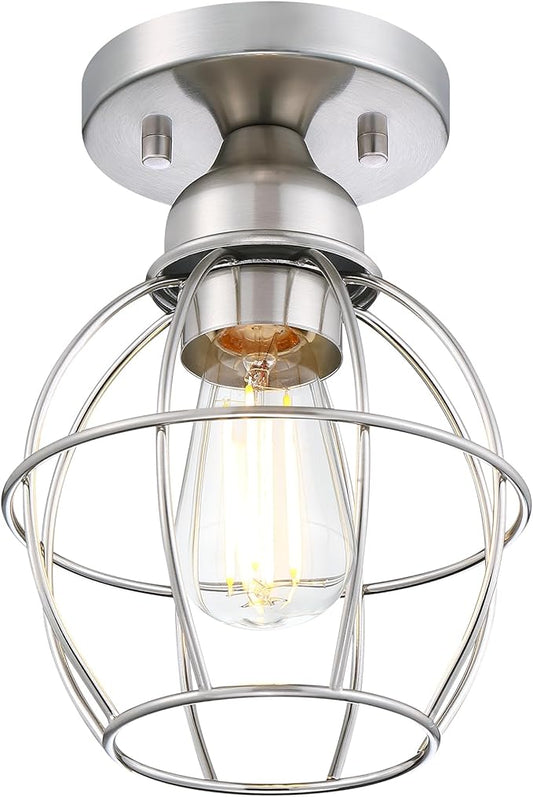 Farmhouse Ceiling Light Fixture, Vintage Semi Flush Mount Ceiling Light, Small Metal Cage Lighting Lamp for Hallway Entryway Kitchen Porch, Nickel Finish, 1-Pack