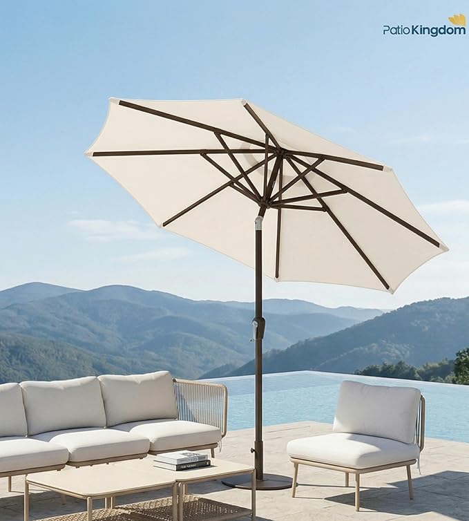 PatioKingdom Auto-Tilt 9FT Patio Umbrella Outdoor with 8 Sturdy Fiberglass Ribs,Market Table Umbrella for Pool,Backyard,Deck and Garden