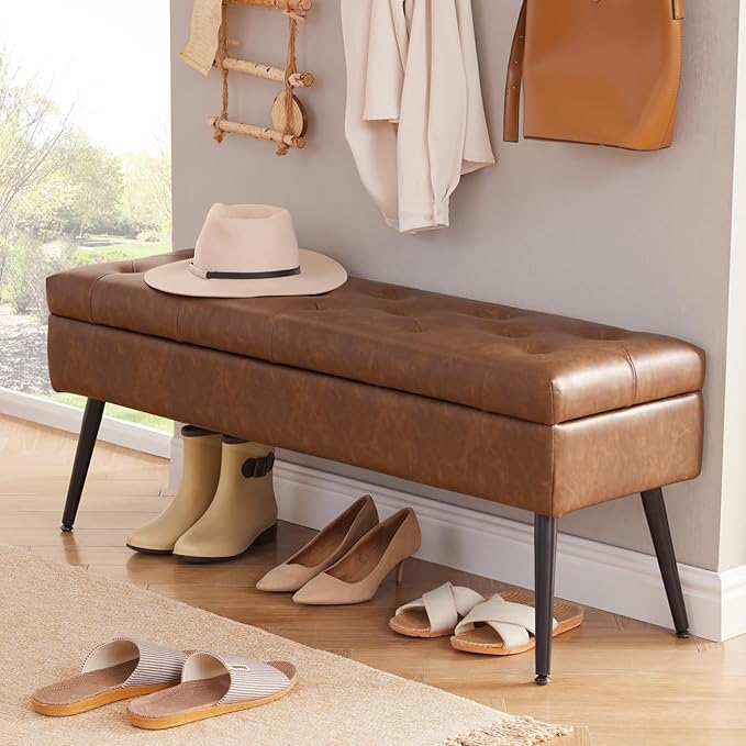 CUYOCA Storage Ottoman Bench Bed, 40" Faux Leather Tufted Entryway Bench, Long Ottoman with Storage for Living Room, Support 660lbs - Retro Brown