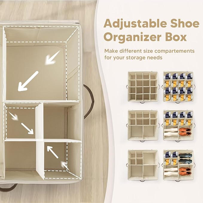 Shoe Organizer for Closet, Fits Up to 16 Pairs, Large Shoe Box Storage Container with Clear Cover, with Adjustable Dividers for Shoe Storage Bins,Space-Saving Shoe Bins (Beige)