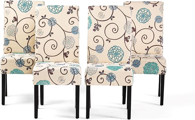 Evangeline Contemporary Fabric Dining Chairs (Set of 4), Light Beige with Blue Floral