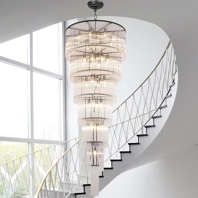 Black Glass Chandeliers for High Ceiling, 7-Tier Glass Rod Chandelier H71 Modern Foyer Entryway Ceiling Light Fixture for Staircase Living Room Entry Extra Long