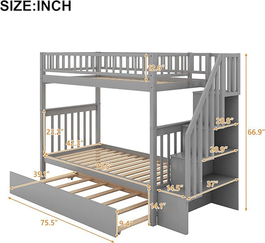Twin Over Twin Bunk Beds with Staircase and Trundle Bed, No Box Spring Needed for Teens, Boys or Girls