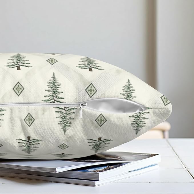 Green White Christmas Tree Pillow Covers 16x16 Set of 2 Xmas Boho Farmhouse Vintage Rustic Print Pillow Case Winter Decorative Outdoor Cushion Case for Home Couch Patio