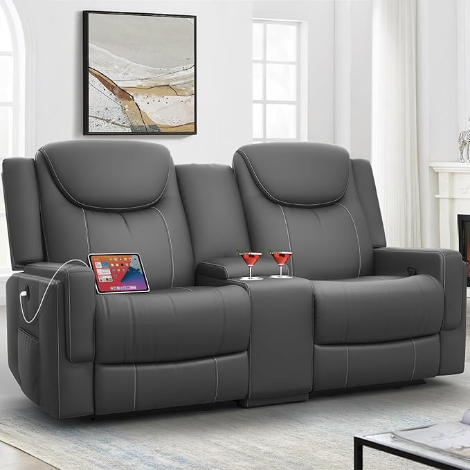 Dresegmt Loveseat Recliner Sofa, Gray PU Leather Double Recliner Loveseat with Console, Cup Holders, Storage & USB Ports, Ergonomics， Manual Reclining Sofa Couch for Living Room, RV