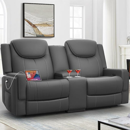 Dresegmt Loveseat Recliner Sofa, Gray PU Leather Double Recliner Loveseat with Console, Cup Holders, Storage & USB Ports, Ergonomics， Manual Reclining Sofa Couch for Living Room, RV