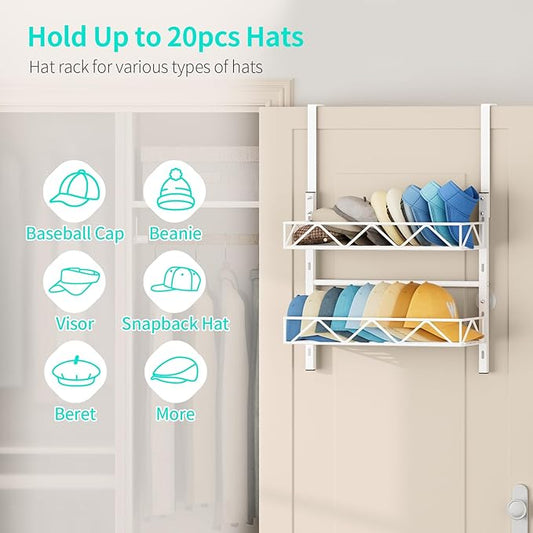 HapiRm Over the Door Hat Organizer - 2 Tier Wall Mounted Hat Rack with 2 Adjustable Metal Basket, Baseball Caps Organizer Storage Holds up to 20 Caps for Door, Bedroom, Closet (White)