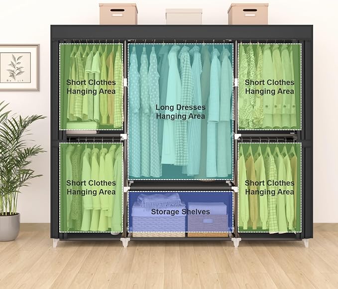 64.5" Closet Wardrobe, Portable Closet for Bedroom, Freestanding Clothes Rack with Non-Woven Fabric Cover, 5 Hanging Rods, 6 Storage Shelves, Clothes Storage Organizer, Black