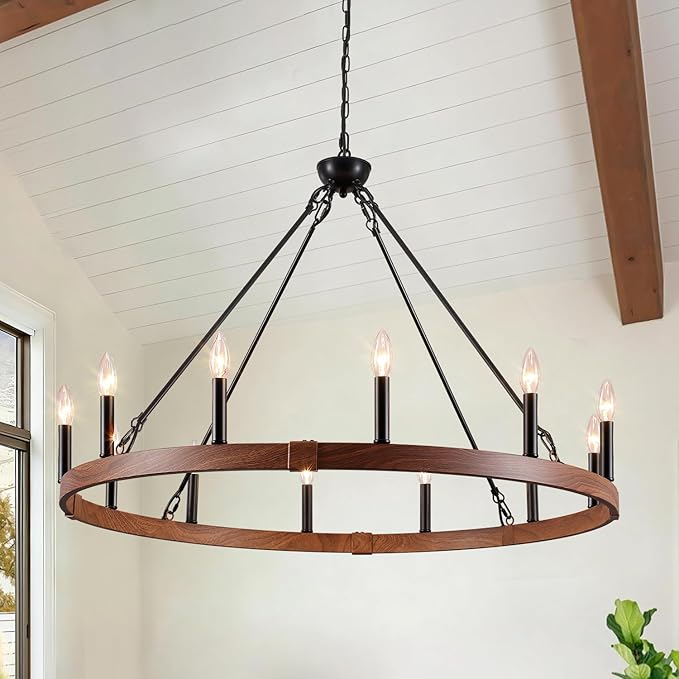 37.4 inch Wagon Wheel Chandelier with Wood Grain Finish, 12-Light Large Round Farmhouse Chandeliers for High Ceilings Dining Room Living Room Foyer Entryway Outdoor Porch