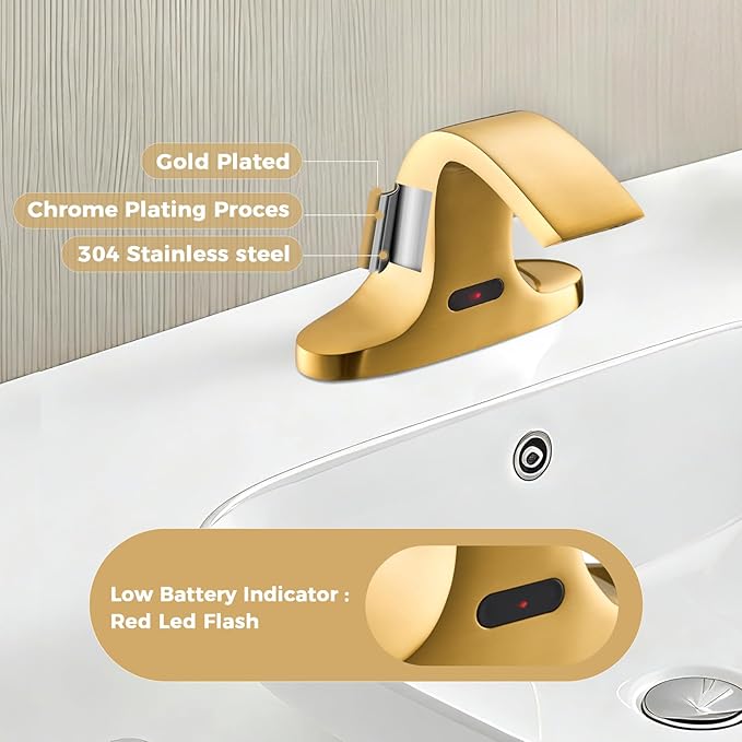 Touchless Bathroom Sink Faucet, Automatic Sensor Faucet for 3 Hole,Touchless Faucet for Bathroom Sink,Smart Faucet Gold