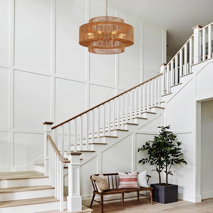 30” Large Hand-Woven Rattan Chandelier Vintage 8-Light Farmhouse Boho Bamboo Chandelier Light Fixture Retro 3-Tier Drum Wicker Rattan Golden Chandeliers for Dining Room, Kitchen, Living Room