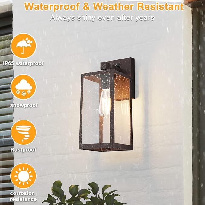 SHINE HAI Dusk to Dawn Outdoor Wall Lantern, Exterior Wall Sconce with E26 Base Socket, Anti-Rust Waterproof Light Fixture with Glass Shade for Garage, Doorway, 2 Pack (Dark Chocolate)