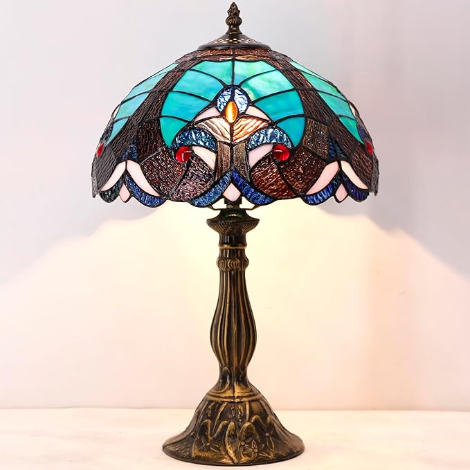 WERFACTORY Tiffany Style Lamp Green Liaison Stained Glass Bedside Table Lamp Reading Desk Light 12X12X18 Inches Decor Nightstand Bedroom Living Room Home Office S160G Series