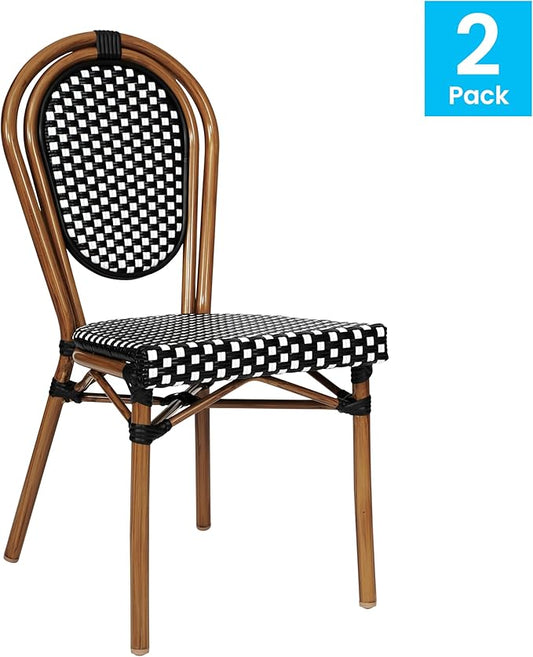 Flash Furniture Lourdes Indoor/Outdoor Commercial Thonet Bistro Stack Chair - Black/White PE Rattan Back and Seat - Natural Bamboo Print Metal Frame - 2 PK