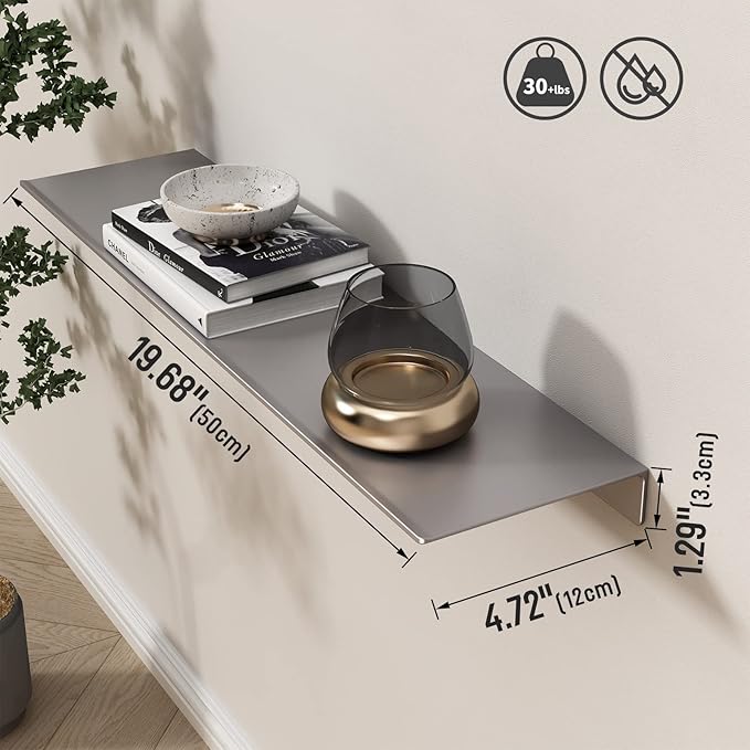 Danpoo Metal Shelf, Long Floating Shelf for Bathroom, 20" Display Shelves for Wall Storage, Grey