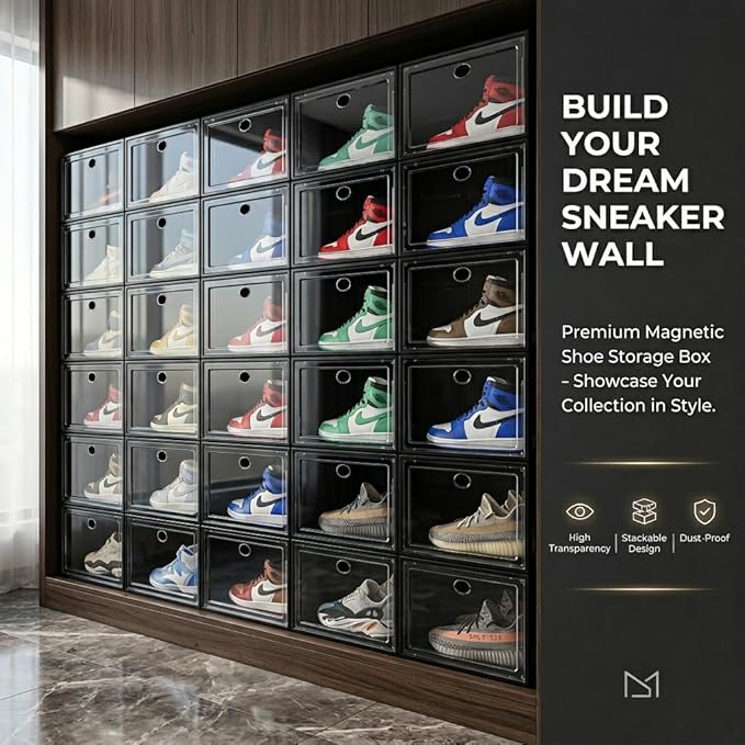 Large Shoe Boxes Clear Plastic Stackable, 8 Pack Drop Side Shoe Storage Boxes with Magnetic Door, Shoe Storage Organizer Sneaker Storage Display Fit up to US Size 13 Black