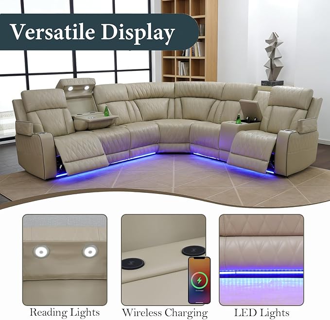 Power Recliner Sectional Sofa Set, Beige Leather Sectional Couch and 3 Seater Sofa for Living Room, L Shape Reclining Sofa with Cup Holder, Hidden Storage, Drop-Down Table for House(9 Seat)