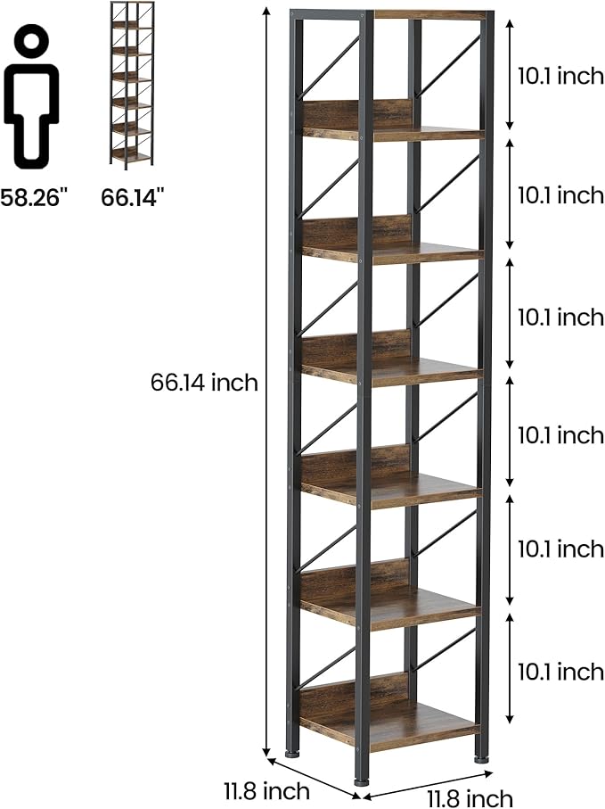 IDEALHOUSE Narrow Bookshelf Tall Skinny Bookcase 6 Tier Storage Rack Rustic Corner Shelf Metal Frame Small Freestanding Bookshelves Industrial Display Stand for Bedroom, Living Room, Home Office