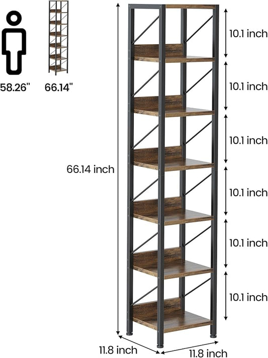 IDEALHOUSE Narrow Bookshelf Tall Skinny Bookcase 6 Tier Storage Rack Rustic Corner Shelf Metal Frame Small Freestanding Bookshelves Industrial Display Stand for Bedroom, Living Room, Home Office