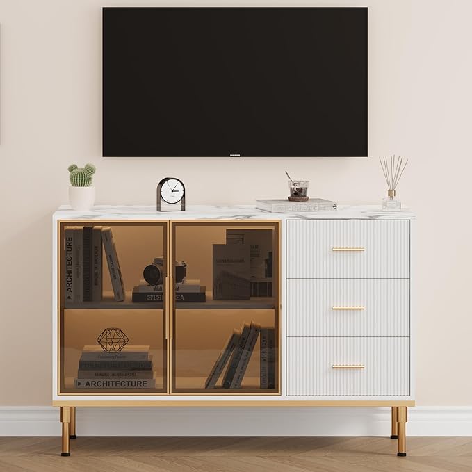 GAOMON Buffet Sideboard Cabinet with Storage, 46.4" Large Fluted Kitchen Sideboard Cabinet with 2 Glass Doors 3 Drawers and Shelves, Faux Marble Top Buffet Table for Dining Room, Living Room, White