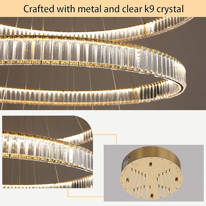 Large Ring Crystal Chandelier Modern Dimmable Chandelier High Ceiling Chandelier Round LED Ceiling Light Fixture for Foyer Long Stair Big Chandelier Gold 8''+16''+24''+32''+40''