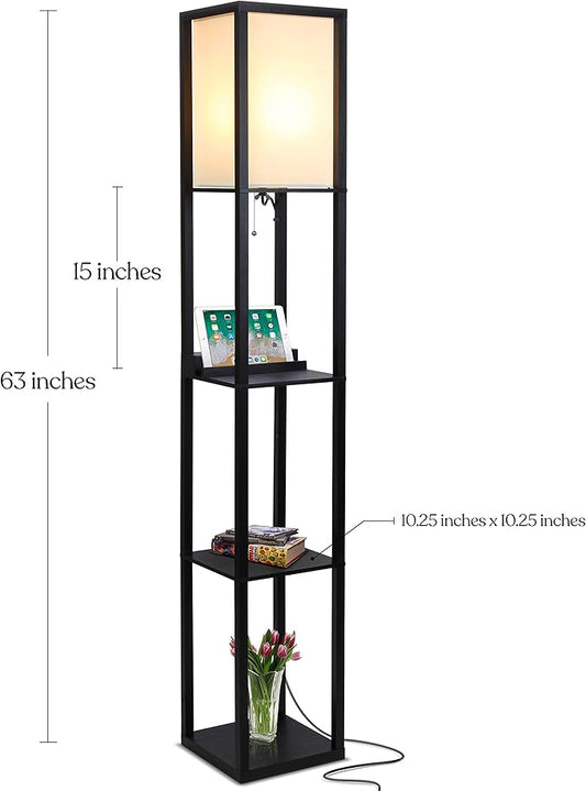 Brightech Maxwell – Modern Shelf Floor Lamp with USB Ports, Wireless Charging & Outlet – Versatile Corner Display and Lamp with Shelves, Storage Solution for Living Room, Office, Bedroom – Black