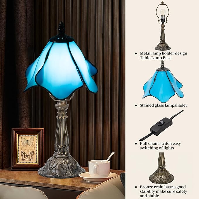 Tiffany Table Lamp,3 Color-Temperature Flowers Stained Glass Lamp,8 Inch Tiffany Style Lamp for Bedroom Living Room Home, Handcrafted Light, Included Bulb (Blue)