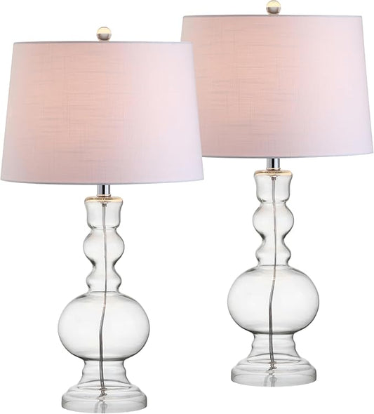 JONATHAN Y 28.5" Clear Glass Table Lamp Set of 2 for Living Room Bedroom Decor, Modern Bedside Lamps with White Linen Shade, LED Bulbs Included (JYL1061B-SET2)